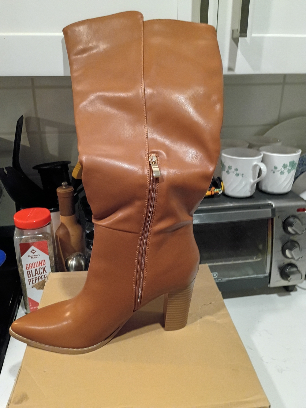 Tall Tan Faux Leather Block Heel Boot with Side Zip